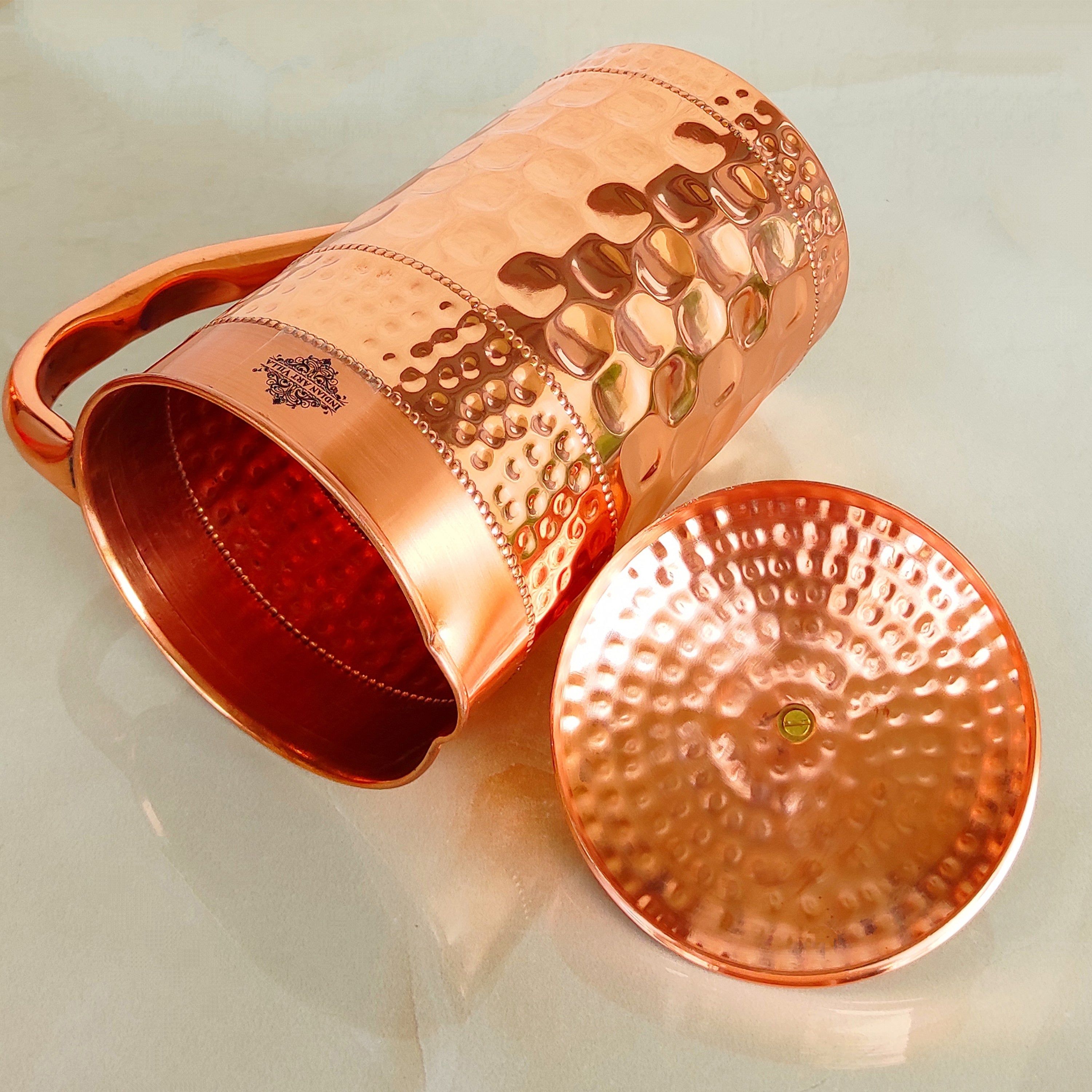 Pure copper jug with diamond hammered beeding & plain design diamond, 1500 ML